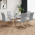 Modern Simple Rectangular Glass Dining Table, Solid Tempered Glass Countertop, Wood Transfer Metal Table Legs, Gray Pu Dining Chair Set, Suitable For Restaurant Kitchen Use Set Of 7 Upholstered Chair Glass Gray Pu Seats 6 Metal Rectangular Dining Table