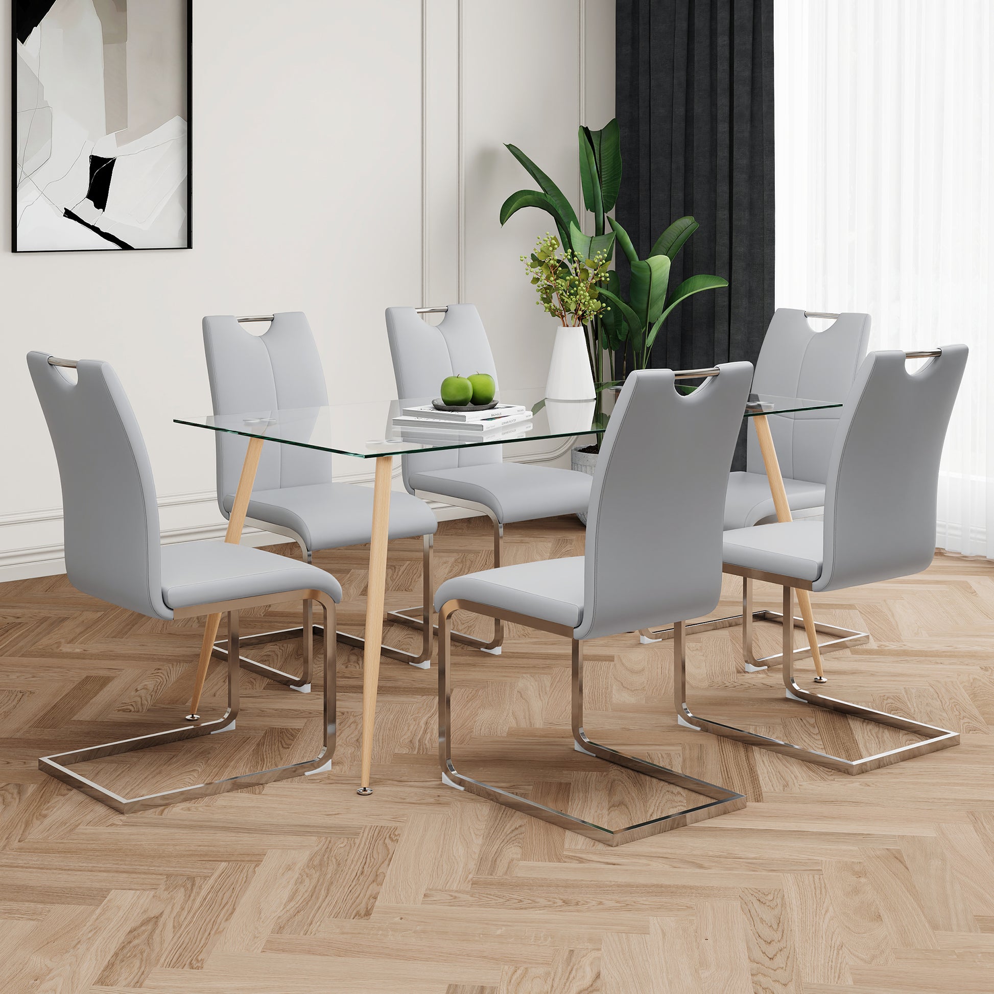 Modern Simple Rectangular Glass Dining Table, Solid Tempered Glass Countertop, Wood Transfer Metal Table Legs, Gray Pu Dining Chair Set, Suitable For Restaurant Kitchen Use Set Of 7 Upholstered Chair Glass Gray Pu Seats 6 Metal Rectangular Dining Table