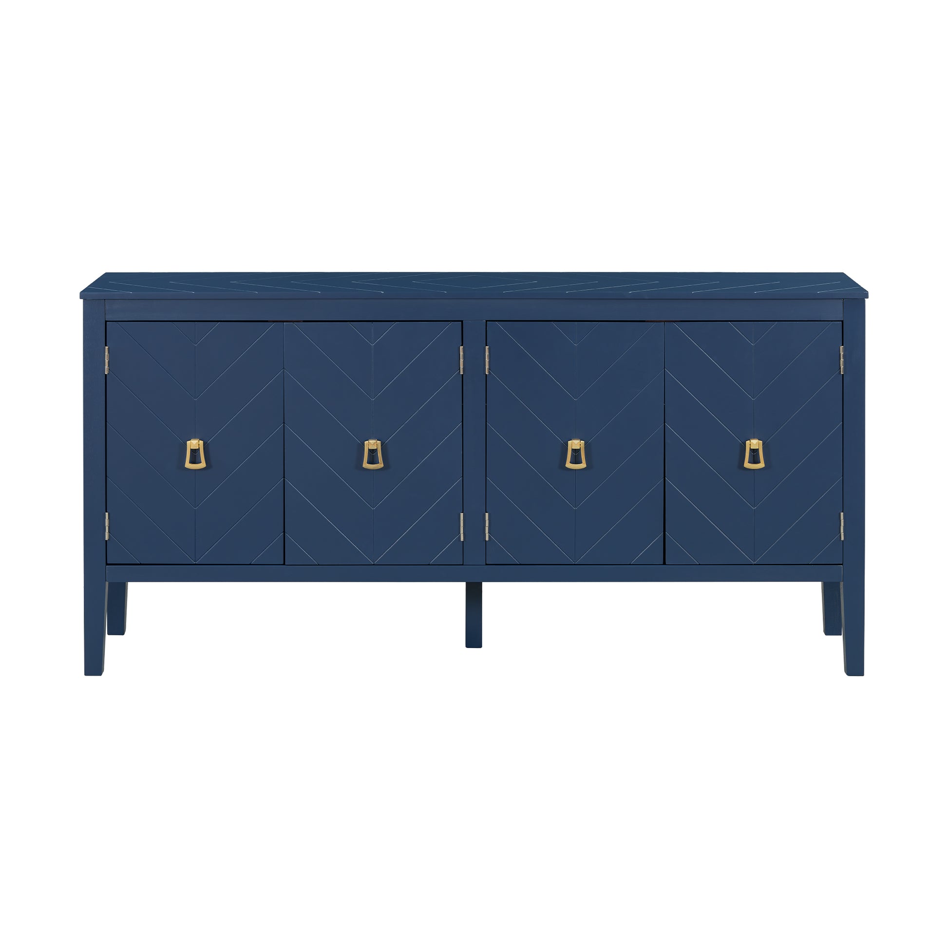 Four Door Sideboard With Geometric Line Patterns And Vintage Metal Handles For Timeless Elegance,Suitable For Living Rooms, Entrance And Study Rooms Navy Blue Primary Living Space American Design Mdf