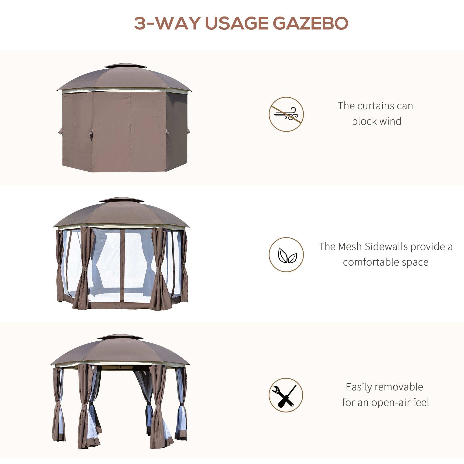 Outsunny 12' X 12' Round Outdoor Gazebo, Patio Dome Gazebo Canopy Shelter With Double Roof, Netting Sidewalls And Curtains, Zippered Doors, Strong Steel Frame, Brown Brown Steel