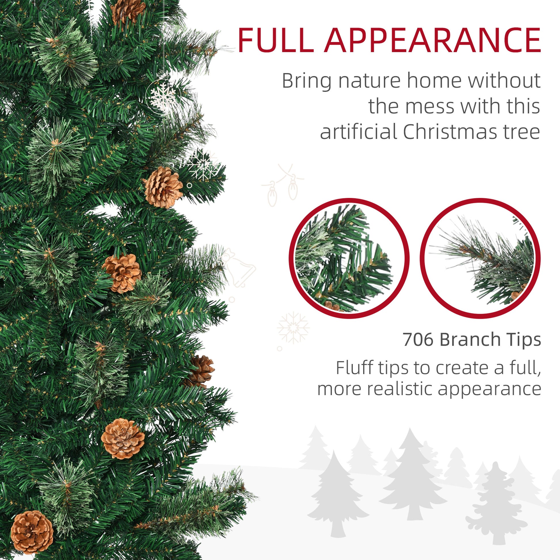 Homcom 7.5 Foot Pencil Artificial Christmas Tree, Slim Pine Needles Xmas Tree With Realistic Branches, Pine Cones, Metal Base, Green Green Plastic