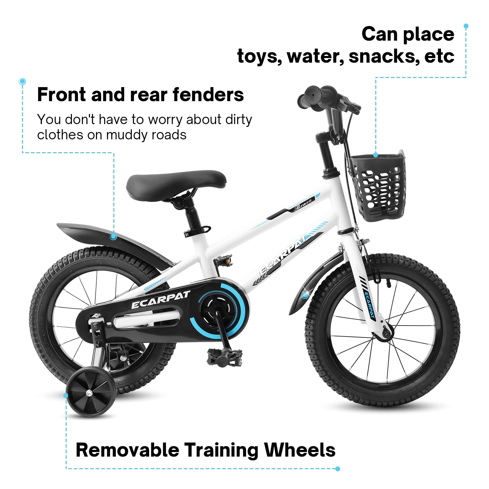 C14111A Kids Bike 14 Inch For Boys & Girls With Training Wheels, Freestyle Kids' Bicycle With Bell,Basket And Fender. White Steel