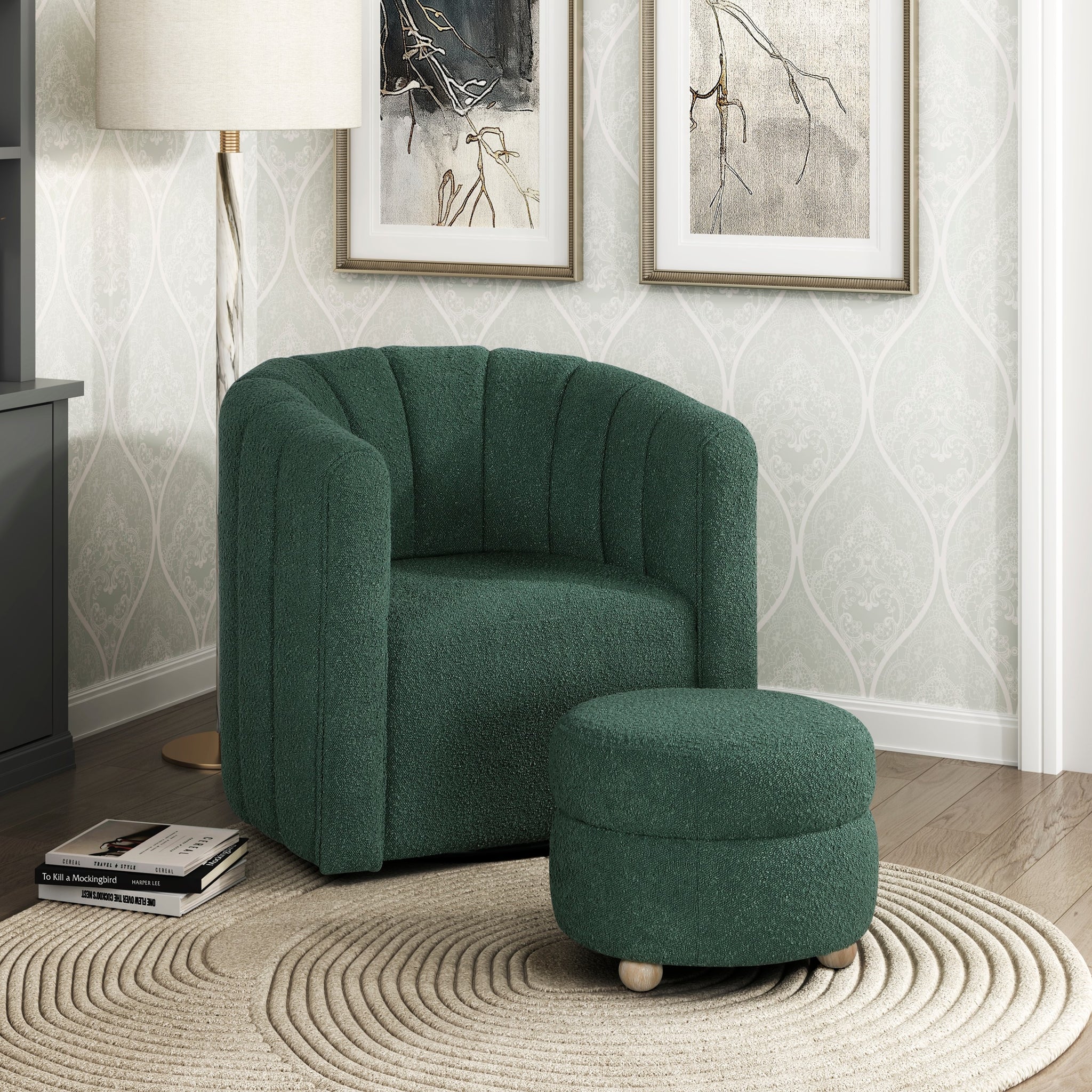 Modern Contemporary Swivel Chair With Ottoman Green Boucle Fabric Upholstery Solid Wood Living Room Furniture Green Primary Living Space Contemporary,Modern Plywood,Solid Wood