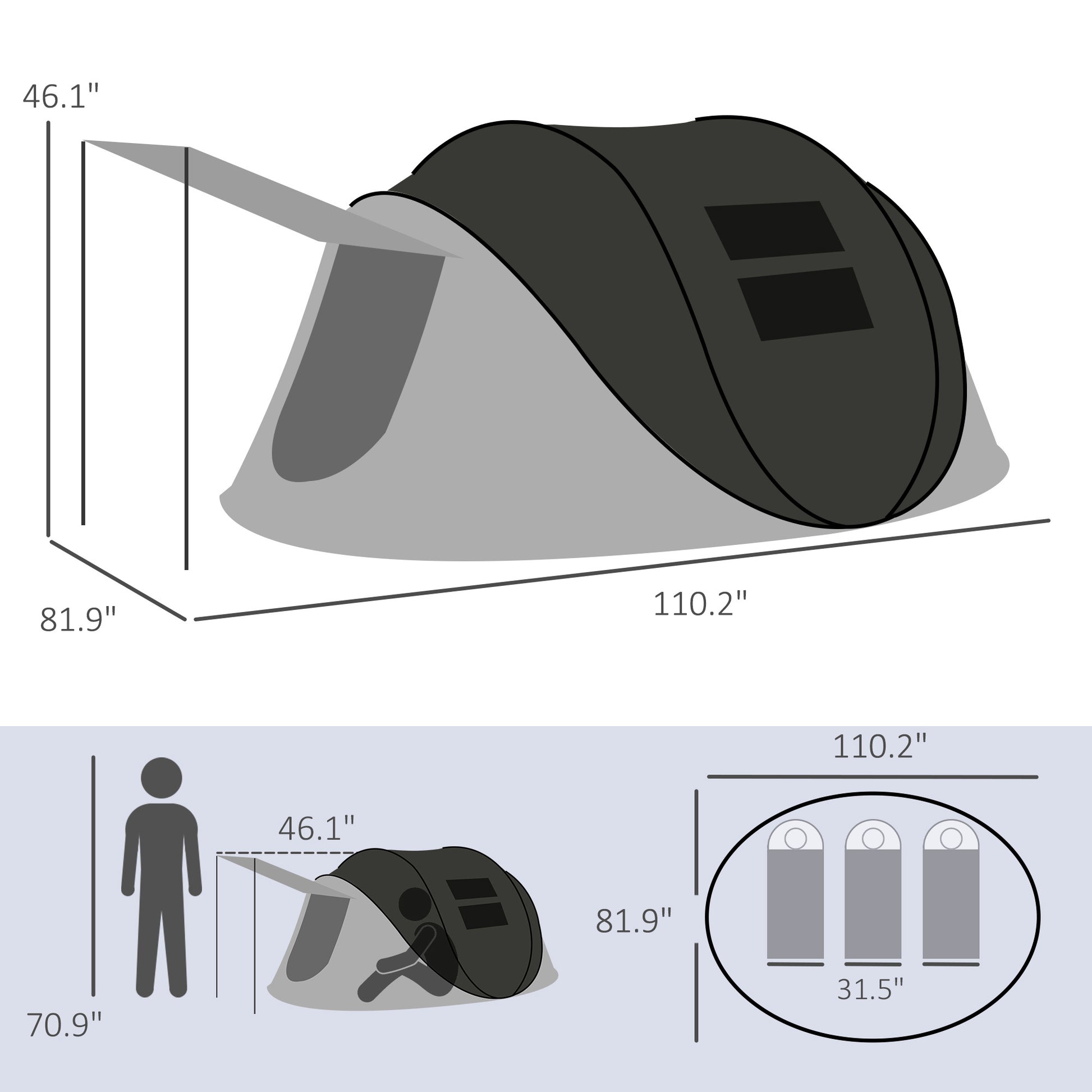 Outsunny Pop Up Tent, Instant Camping Tent With Porch And Carry Bag, 3000Mm Waterproof, For 2 3 People, Black, Poles Included Black Polyester