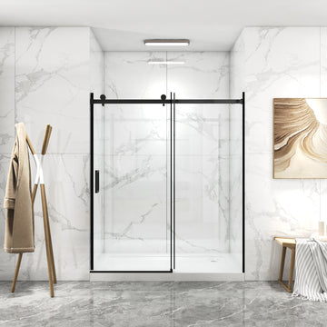 56" 60"W X 70"H Frameless , Sliding , With Premium 5 16" 8Mm Thick Tempered Glass Shower Enclosure,Double Side Easy Clean Coat,Matte Black Finished With Buffer Matt Black Bathroom American Design