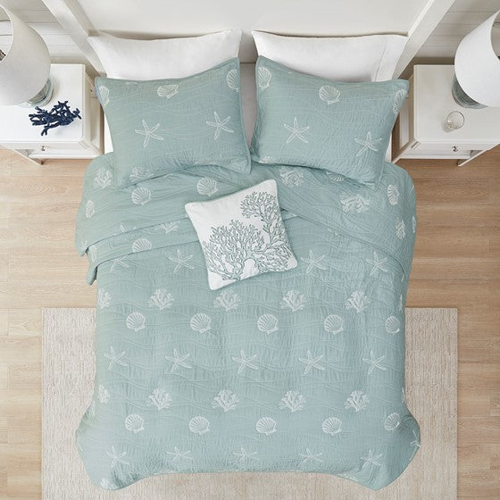 4 Piece Cotton Reversible Embroidered Quilt Set With Throw Pillow Aqua Full Queen Full Aqua Cotton