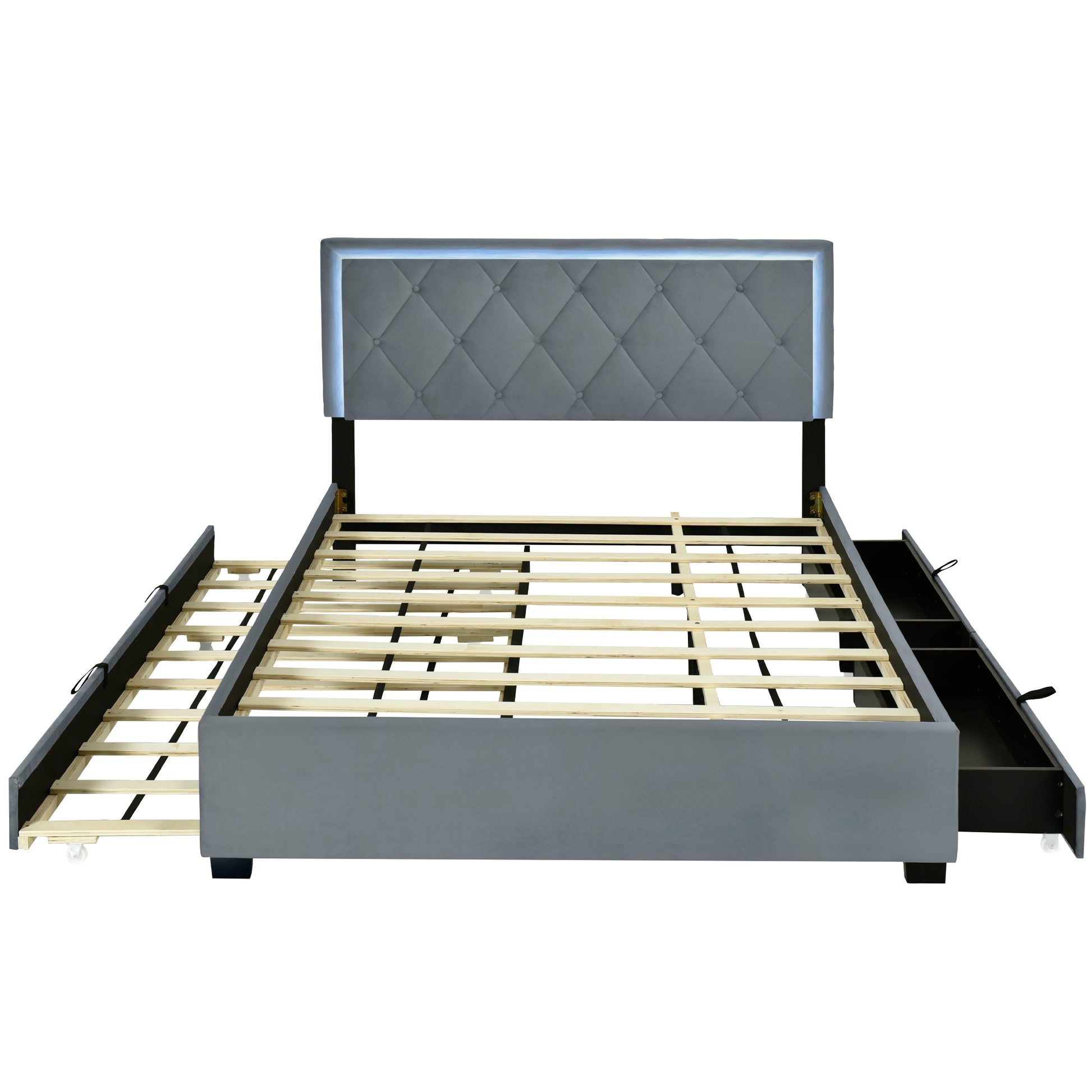 Queen Size Velvet Storage Platform Bed, With 2 Big Drawers, Twin Xl Size Trundle And Led Light, Gray Gray Velvet