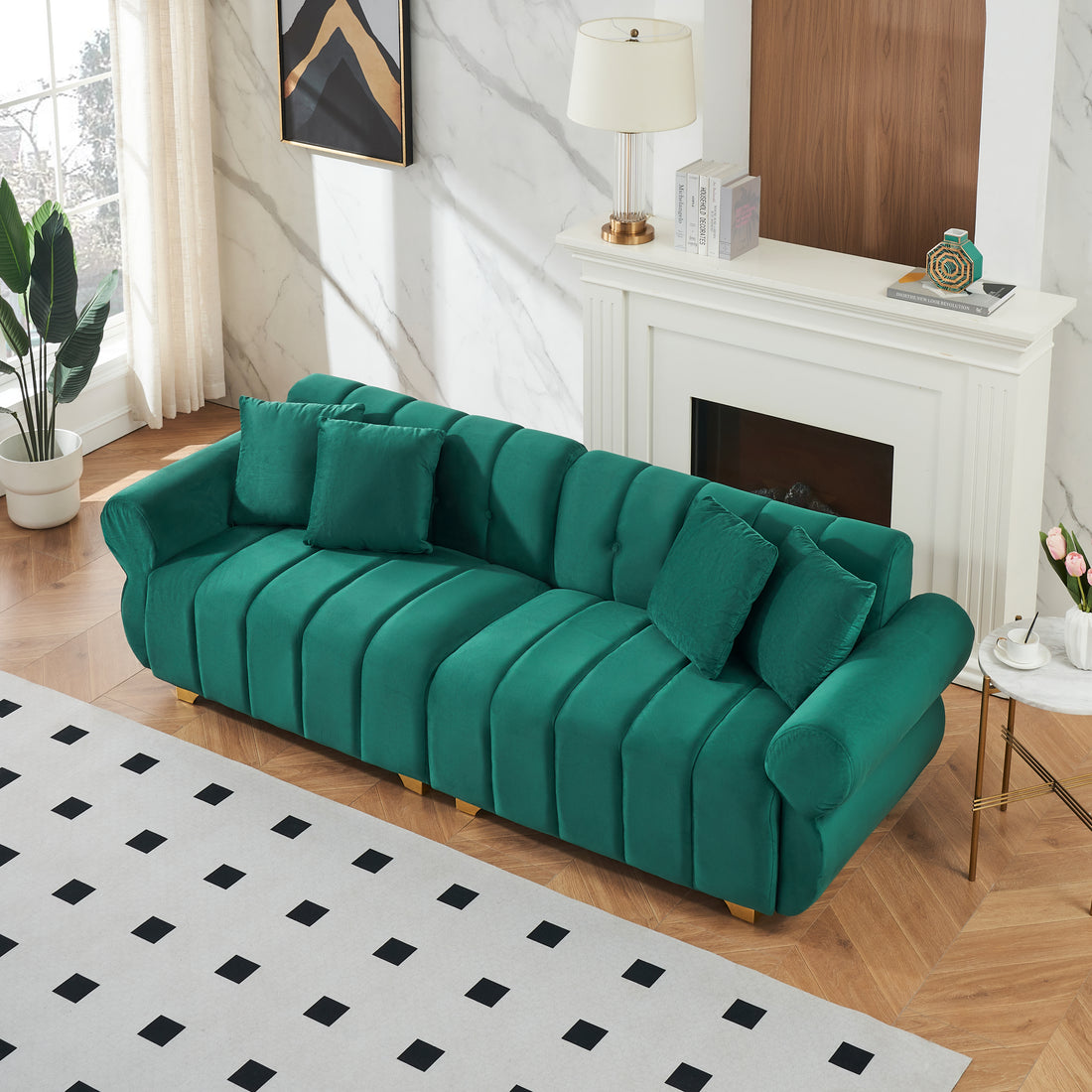 89 Inch Spring Wrapped Cushions, 3 Flannelette Sofas, Stylish Metal Feet And 4 Throw Pillows Make For A Modern Living Room Bedroom Green Velvet 3 Seat