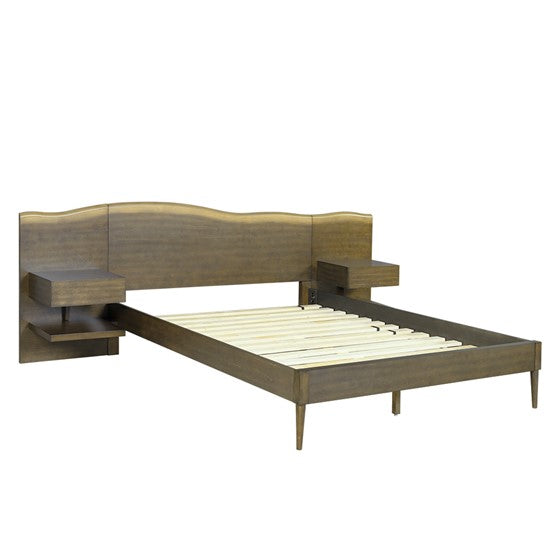 Platform Bed Frame With Live Edge Headboard And Built In Nightstands Drawers Dark Brown Wood