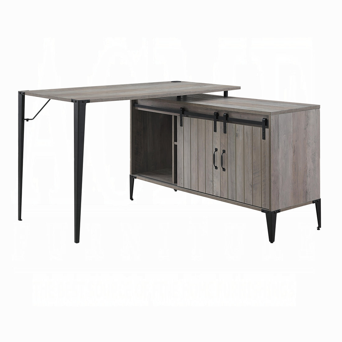 Grey Oak Writing Desk With Sliding Barn Door Grey Black Built In Outlets Or Usb Writting Desk Office Industrial L Shape Shelves Paper Composite