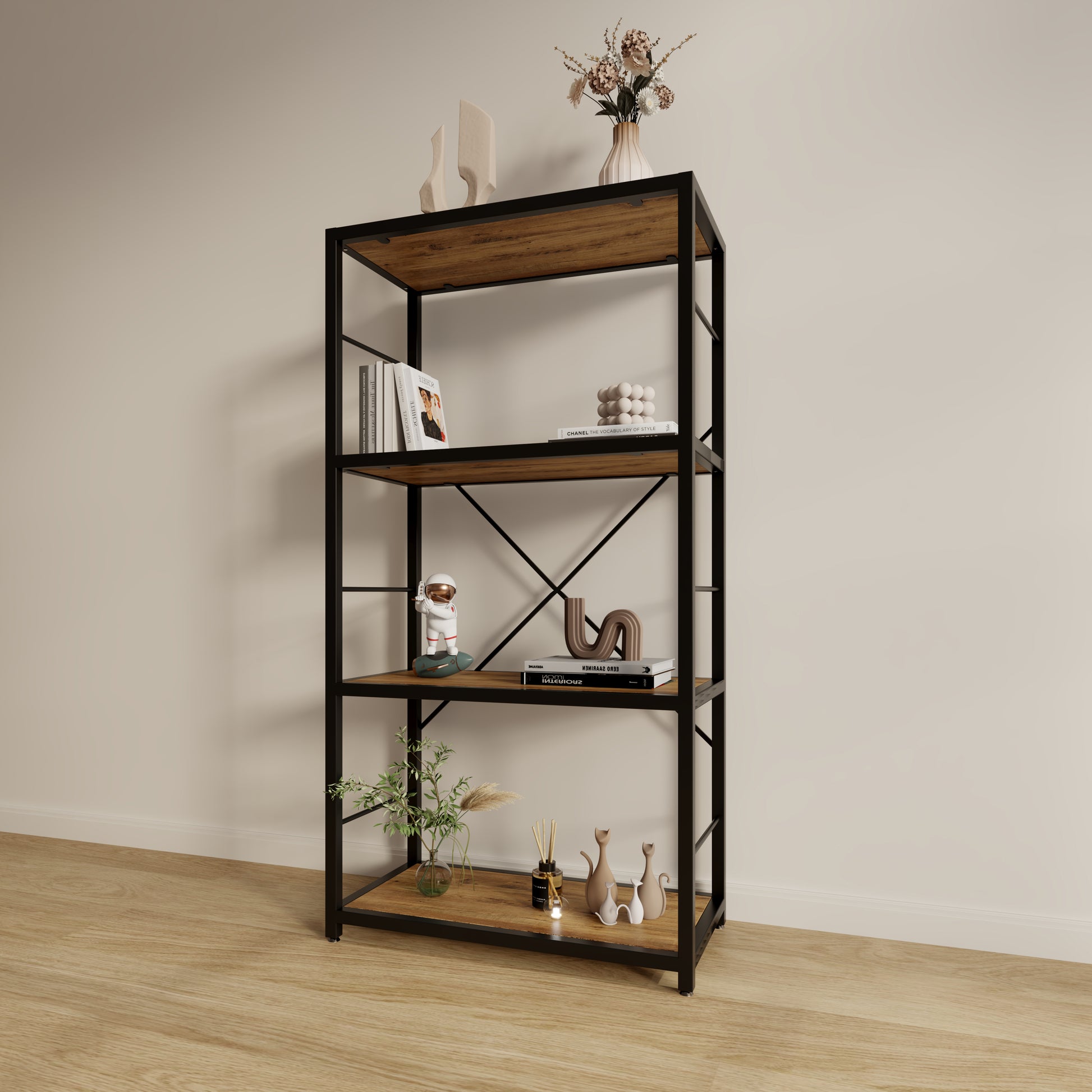Dfw Bookshelves And Bookcases,29.52Inch Wide Shelf 4 Tier Ladder Shelf 110Lbs Shelf Vintage Industrial Style Bookcase For Bedroom Living Room Home, Vintage Brown 4 Black Vintage Brown Ladder Primary