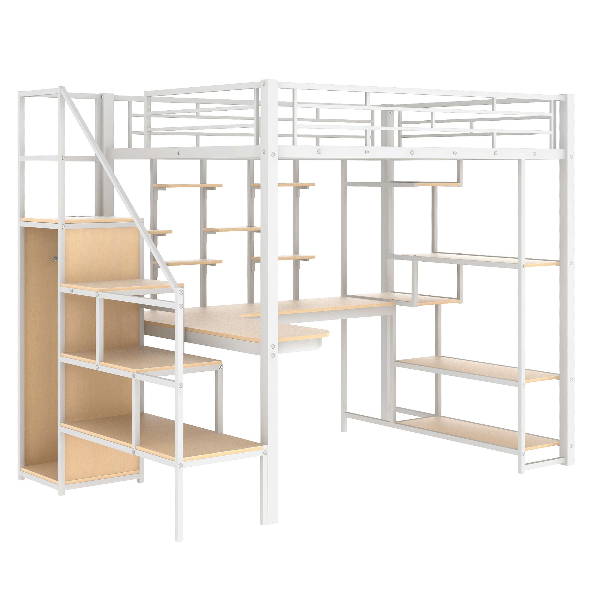 Full Size Metal Loft Bed With Storage Staircase And Small Wardrobe, Built In Desk And Storage Shelves, White Full White Metal