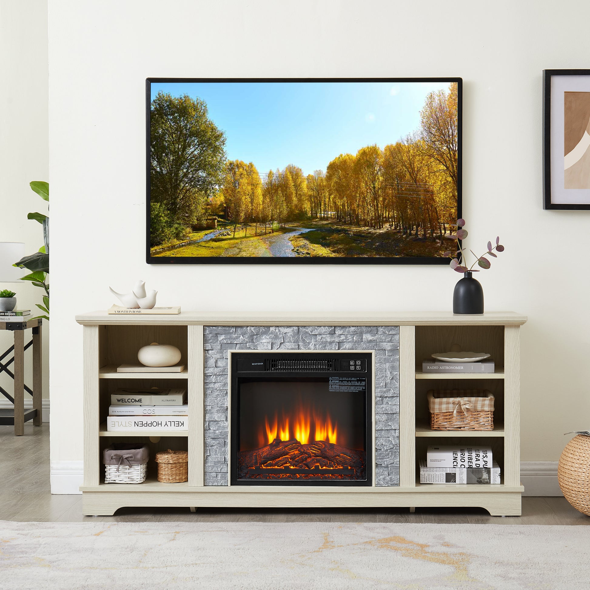 Mantel Electric Fireplace Stone Tv Media Stand, Open Storage Modern Entertainment Console Space With 18" Fireplace Insert, White, 58.31"W*15.39"D*26.06"H White 60 69 Inches Mdf