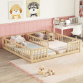 Double Twin Floor Bed With Fence, Guardrails, Without Door, Natural Twin Natural American Design Pine