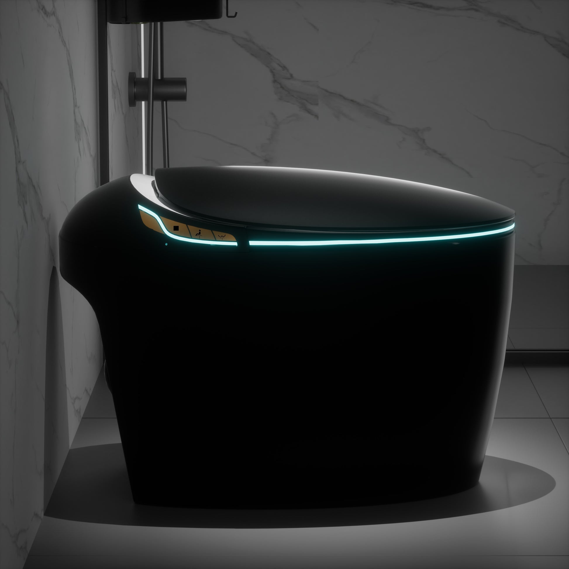 Unique Smart Toilet With Bidet Built In, Intelligent One Piece Toilet For Modern Bathroom, Auto Open Close Seat, Foot Sensor, Led Display,Night Light, Warm Water & Dryer, Black Black Bathroom