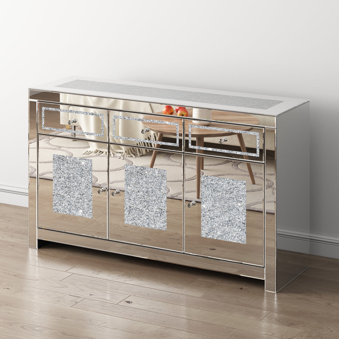 53.15'' Mirrored Glass Sideboard With 3 Drawers 3 Doors Silver Dining Room Luxury,Modern Cabinets Included Mdf Glass,Mirror