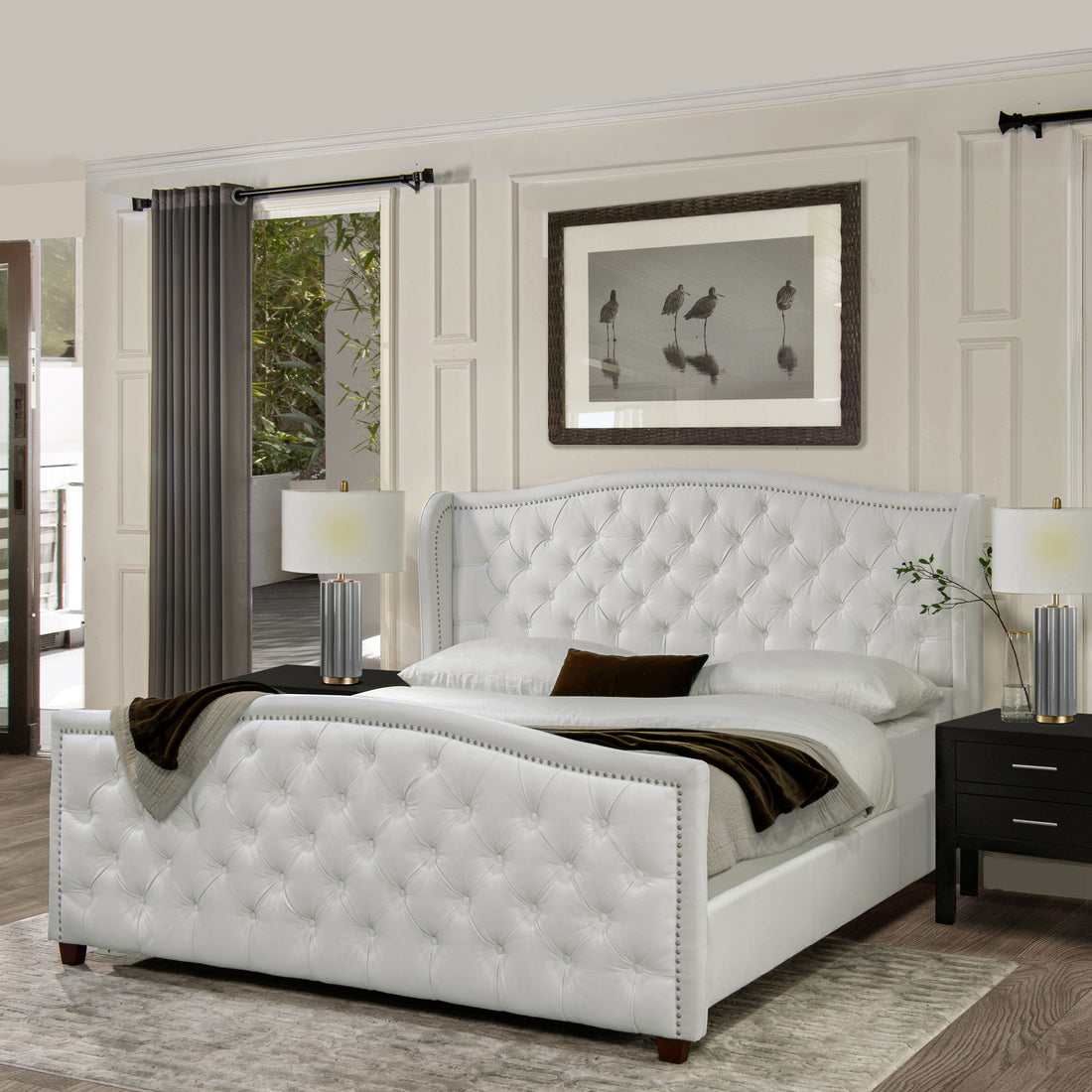 Marcella Upholstered Shelter Headboard Bed Set, King, Bright White Polyester Box Spring Required King White Wood Foam Polyester Polyester