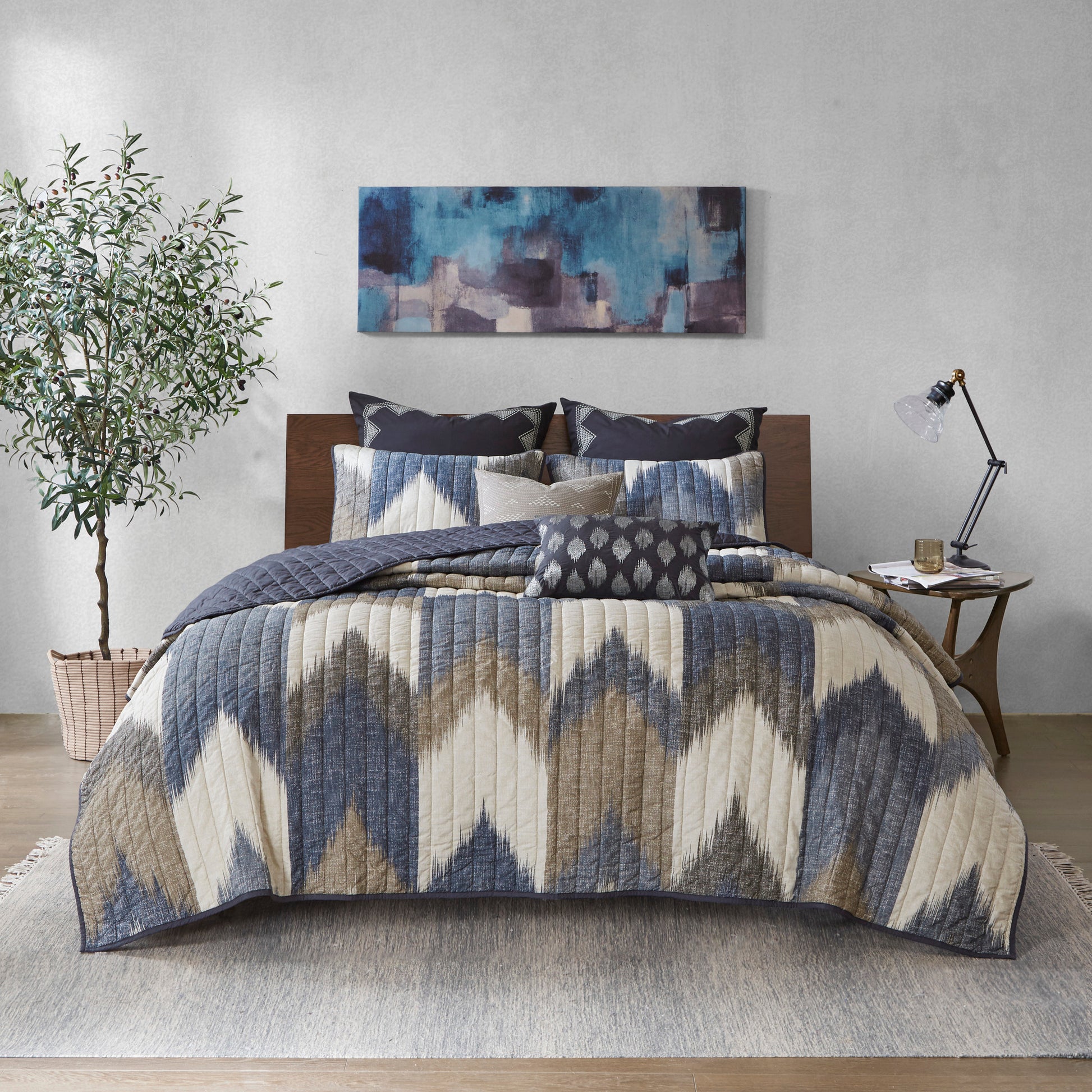 3 Piece Printed Cotton Quilt Set Navy King Cal King King Navy Cotton