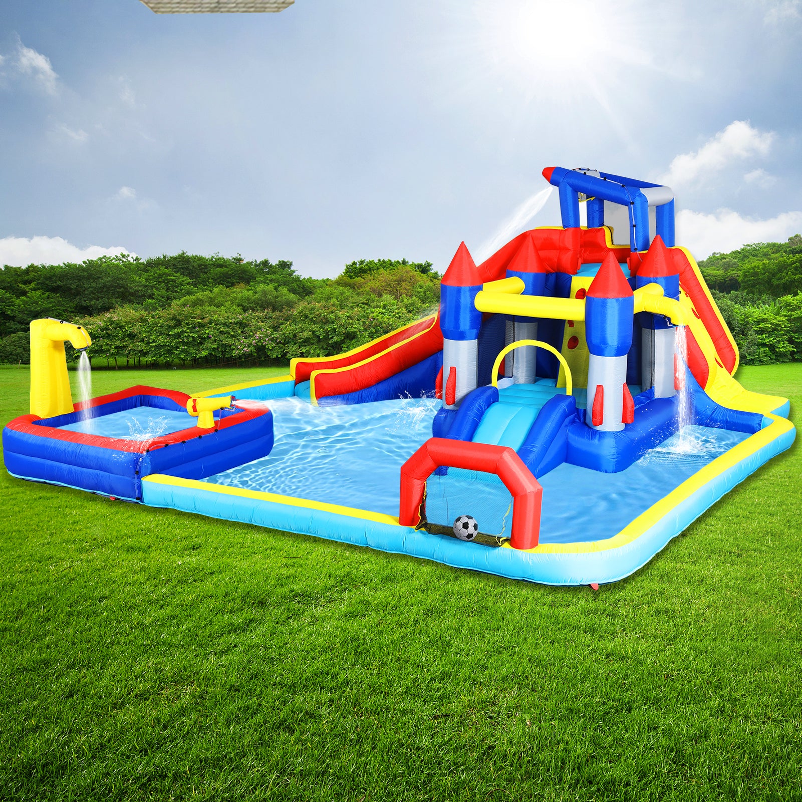 10 In1 Inflatable Slide Water Park Bouncing House Garden With Splash Pool & Water& Basketball & Climbing Wall & Dual Pools & Soccer Multicolor Oxford Fabric