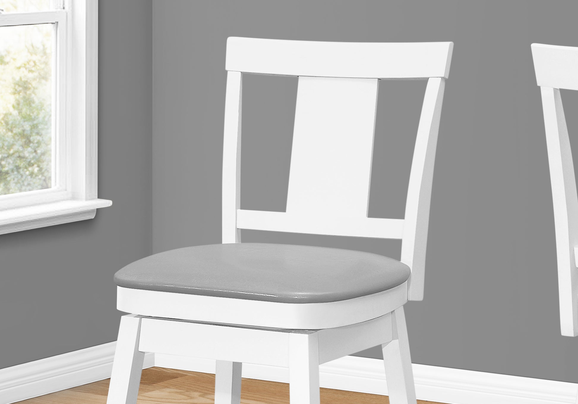 Bar Stool, Set Of 2, Swivel, Counter Height, Kitchen, White Wood, Grey Leather Look, Transitional White Foam Solid Wood