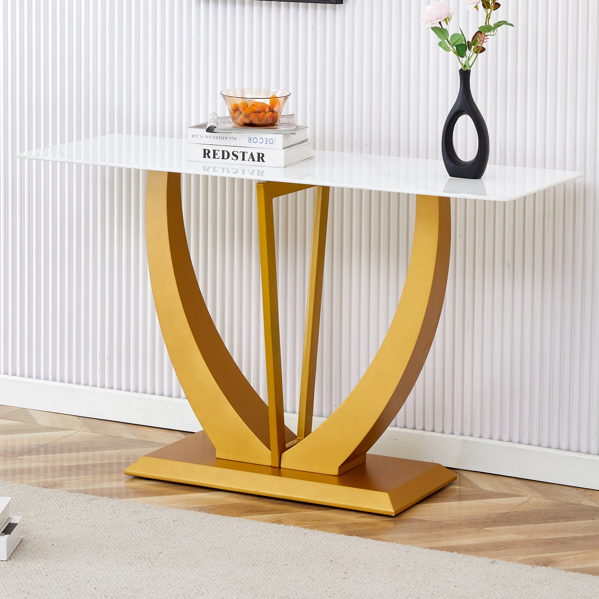 Modern And Simple Rectangular Glass Dining Table In White With A Pattern, 0.39 "White Top And Gold Legs, Suitable For Entrance And Living Room. White Glass