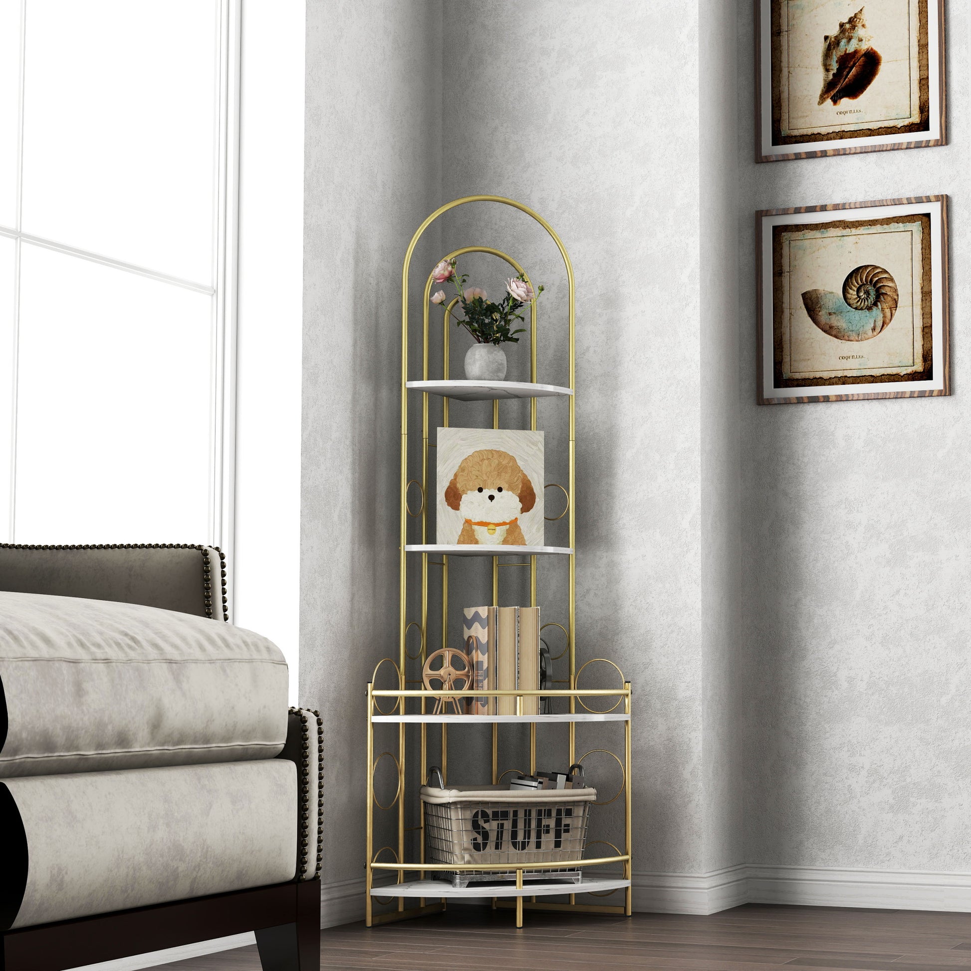 Gold 4 Tier Corner Bookshelf, Modern Style, Plant Stand With Metal Frame Gold White Metal Metal,Particle Board