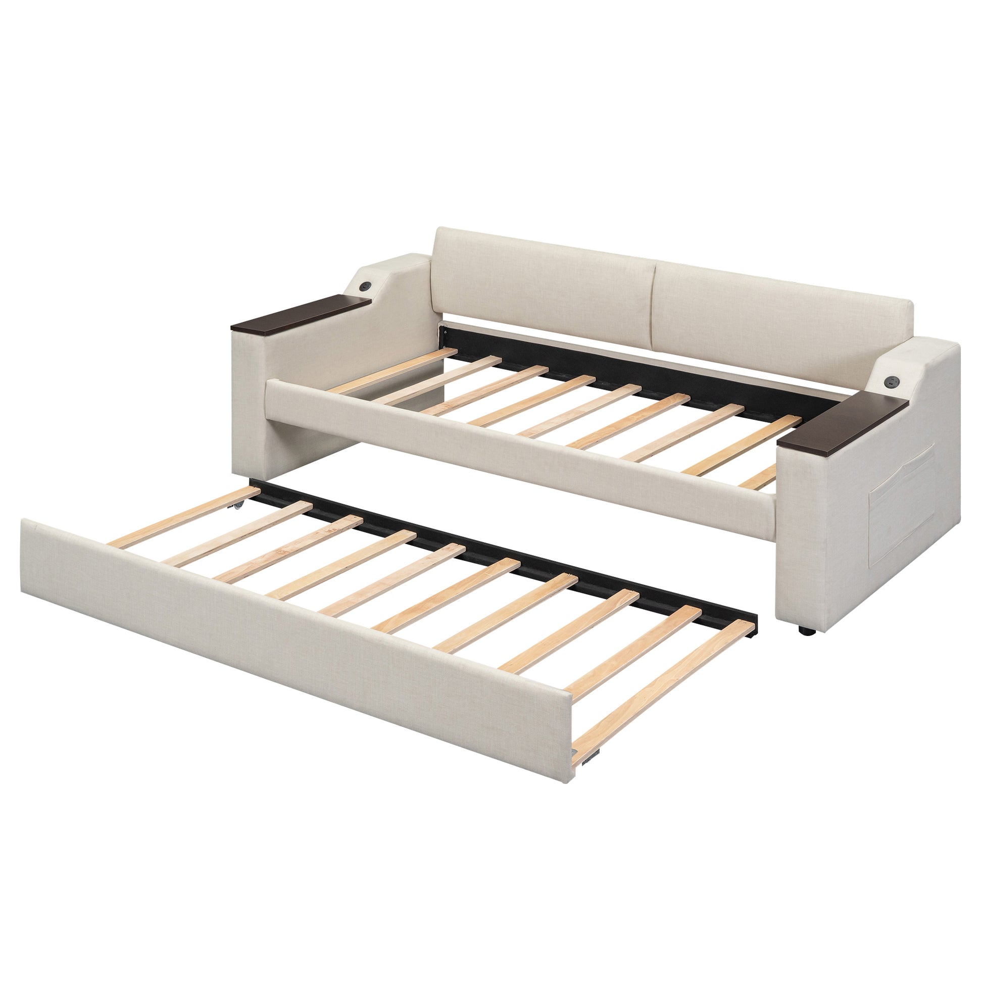 Twin Size Upholstery Daybed With Storage Arms, Trundle And Usb Design, Beige Old Sku:Gx000547Aaa Box Spring Not Required Twin Beige Wood Upholstered