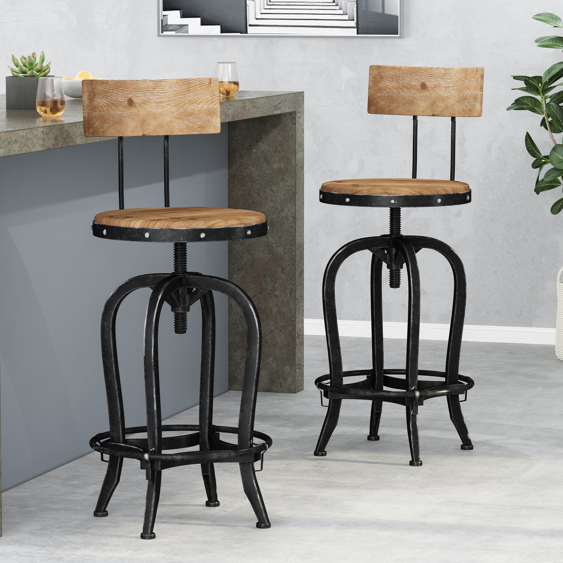 Adjustable Height Swivel Barstools With Fir Wood Set Of 2 Natural Metal & Wood