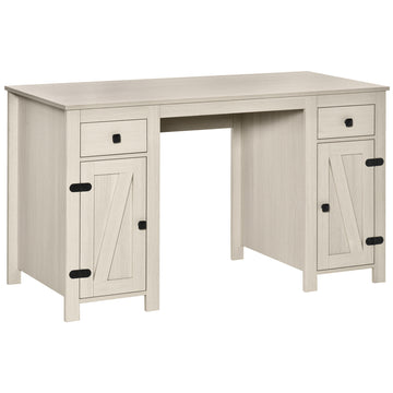 Homcom Farmhouse Computer Desk With Storage, Home Office Desk With 2 Drawers And 2 Cabinets, Cream White White Mdf