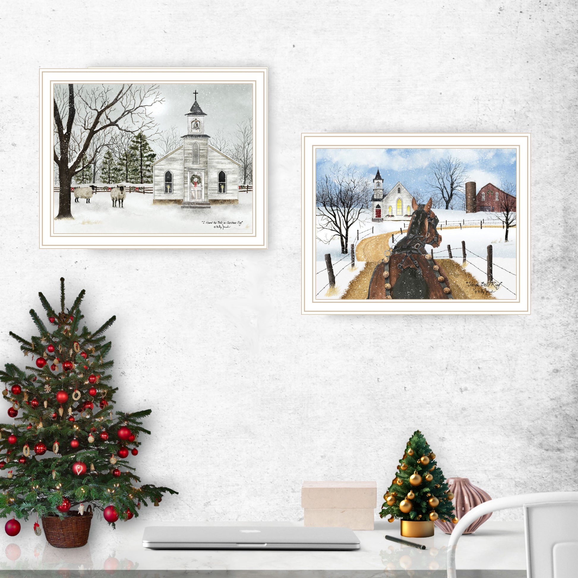 2 Piece Vignette Sleigh Bells Ring White Framed Wall Art For Living Room, Bedroom Wall Art Print For Home Decor By Billy Jacobs Multi Wood Paper