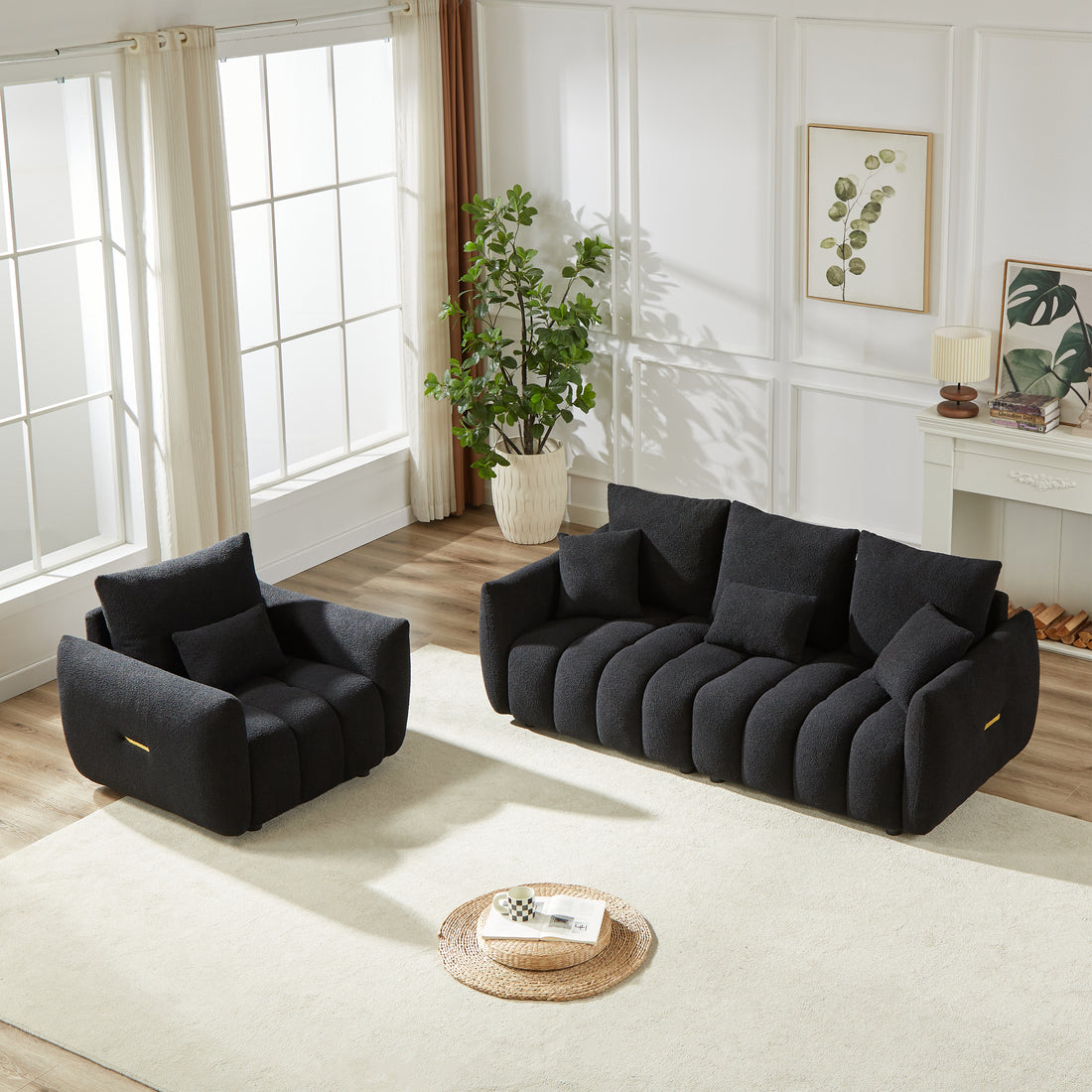 3 Seater 1 Seater Combo Sofa Modern Living Room Sofa, Teddy Sofa, Wooden Frame, 4 Cushions, Apartment Sofa Furniture Black Wood Primary Living Space Pine Foam Fabric 4 Seat