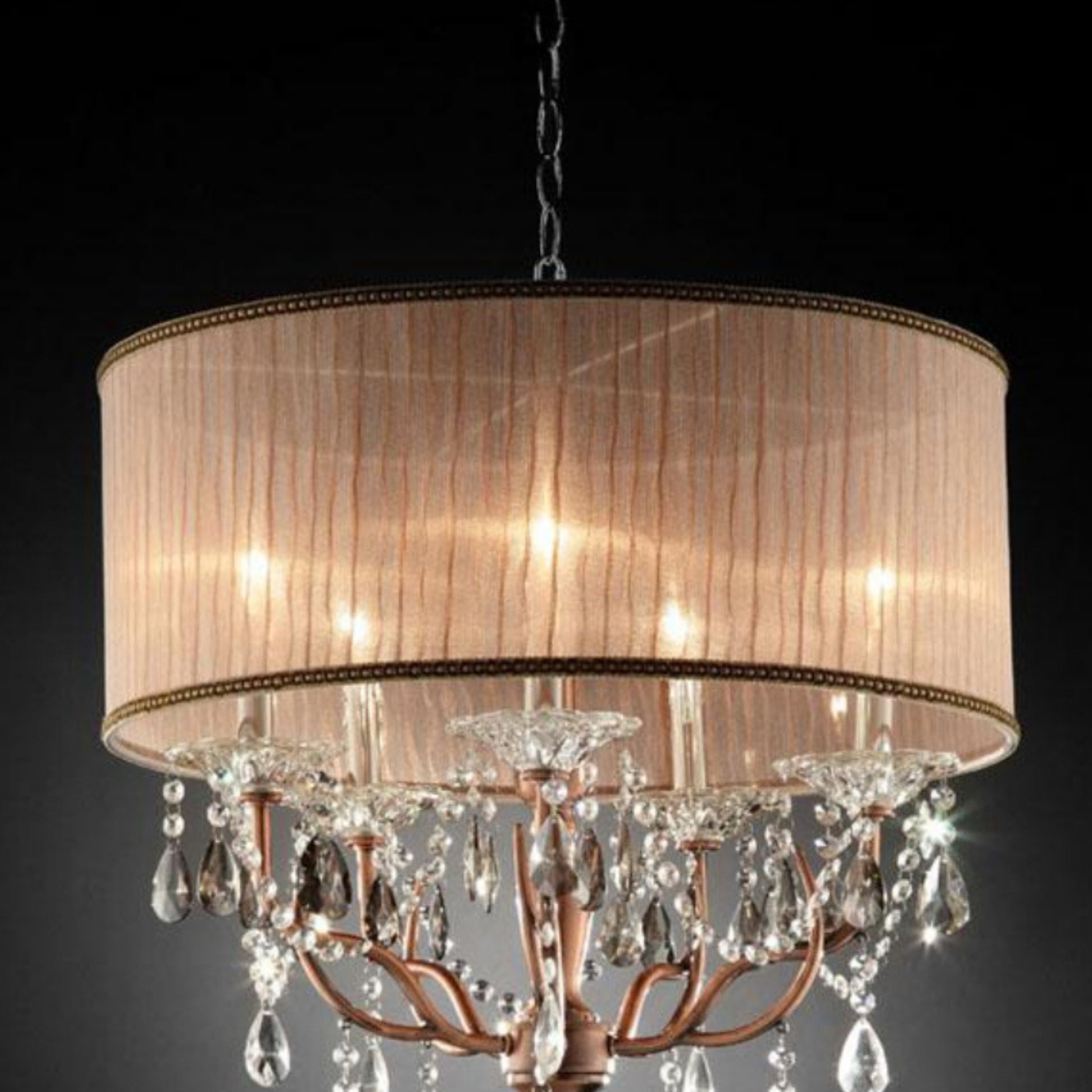 25" Tall Ceiling Lamp "Rosie" W Silvery Pink Finish And Crystal Accents, Shade Brown Metal