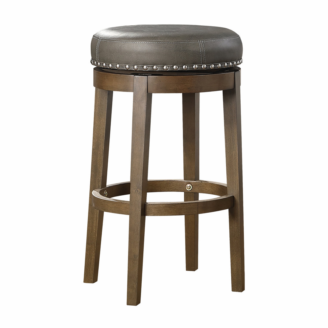 Round Swivel Bar Stools Set Of 2, Gray Faux Leather 360 Degree Swivel Seat Trim Solid Wood Frame Brown Finish Furniture Brown Gray Dining Room Round Solid Wood