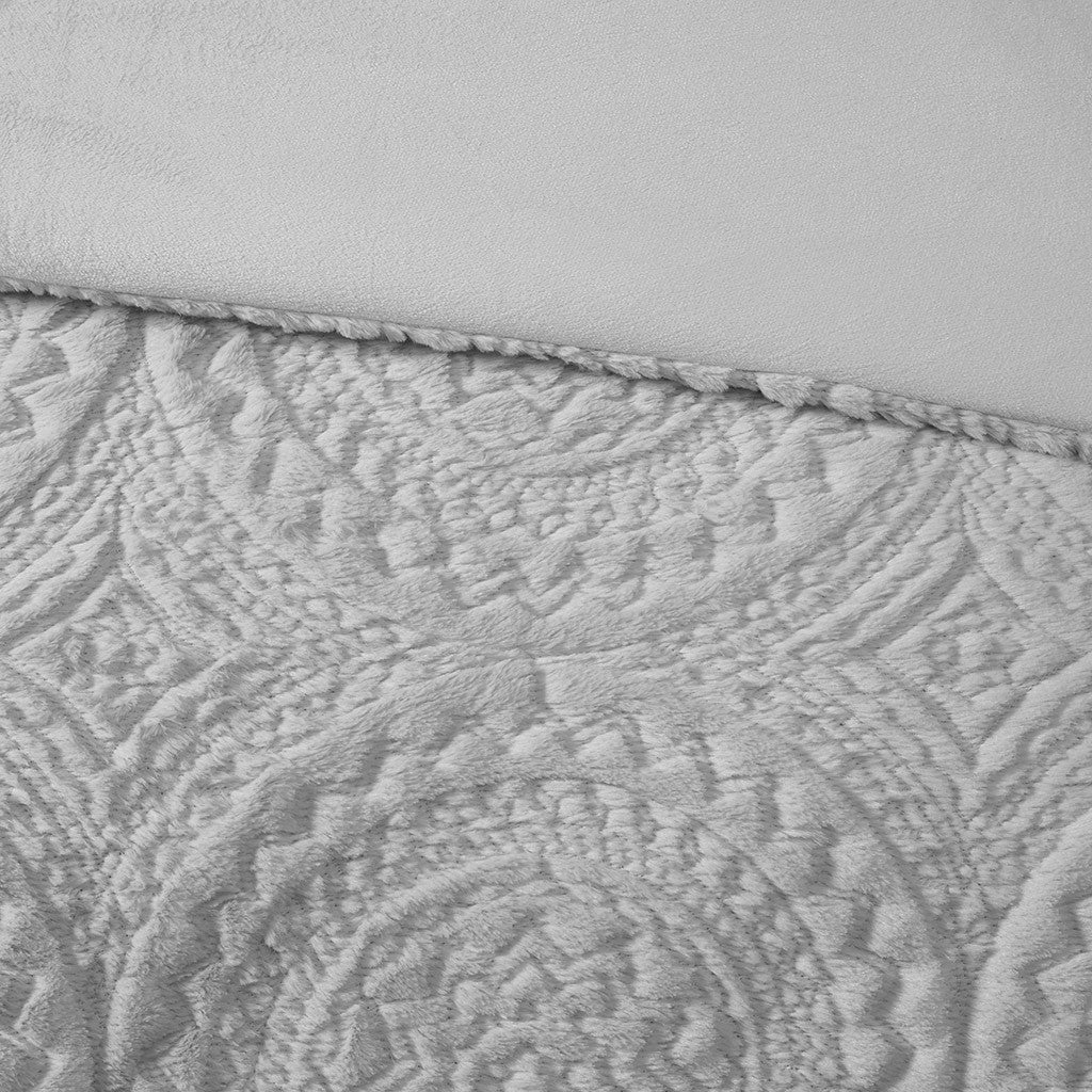 Embroidered Medallion Faux Fur Ultra Plush Comforter Mini Set Twin Grey Polyester