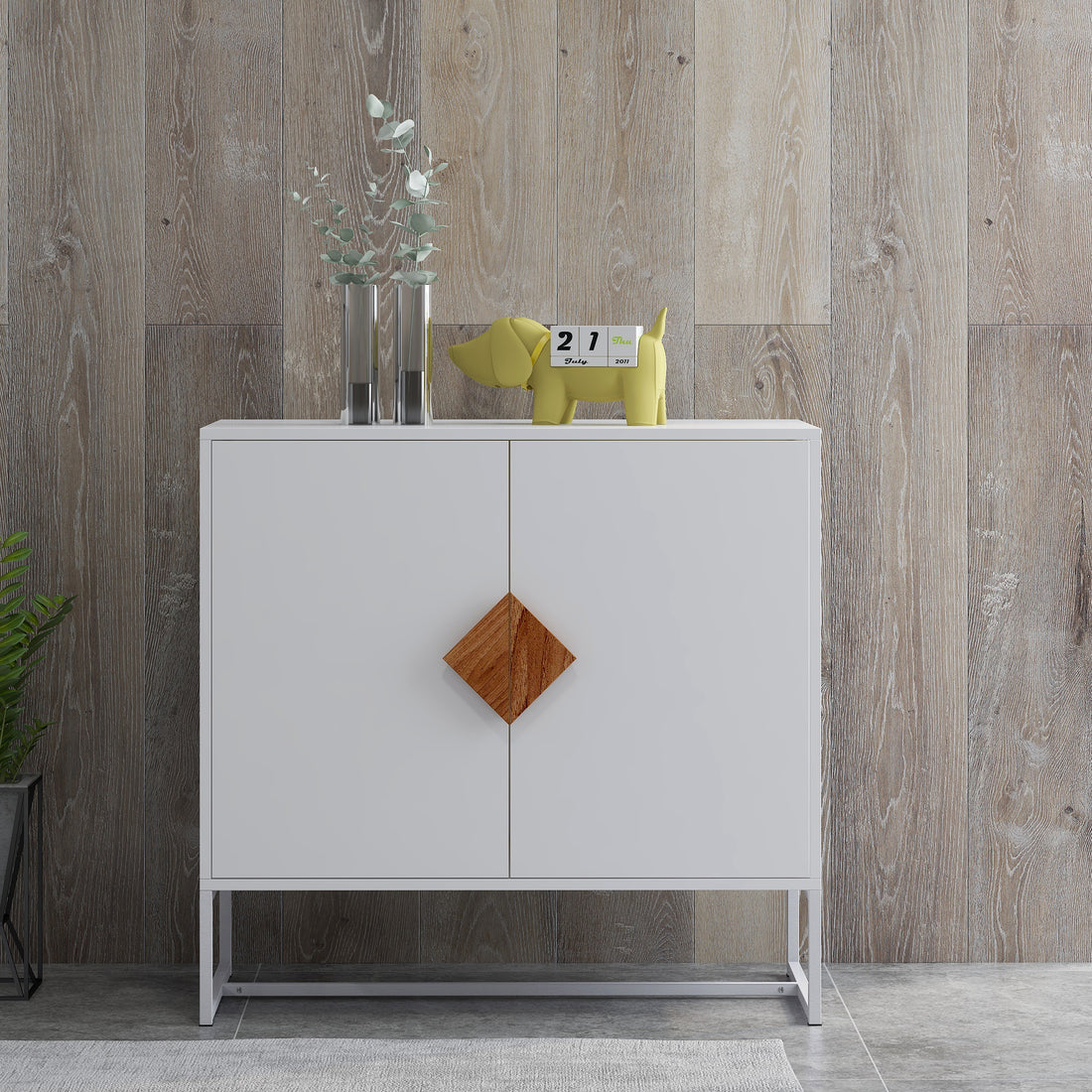 Solid Wood Square Shape Handle 2 Doors Sideboard White Mdf