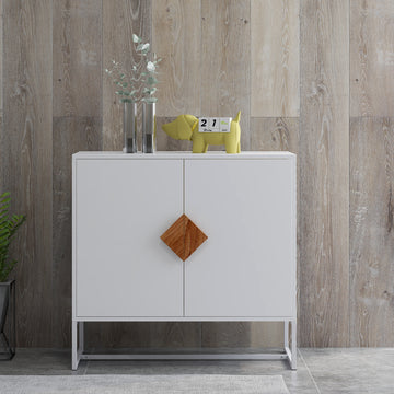 Solid Wood Square Shape Handle 2 Doors Sideboard White Mdf