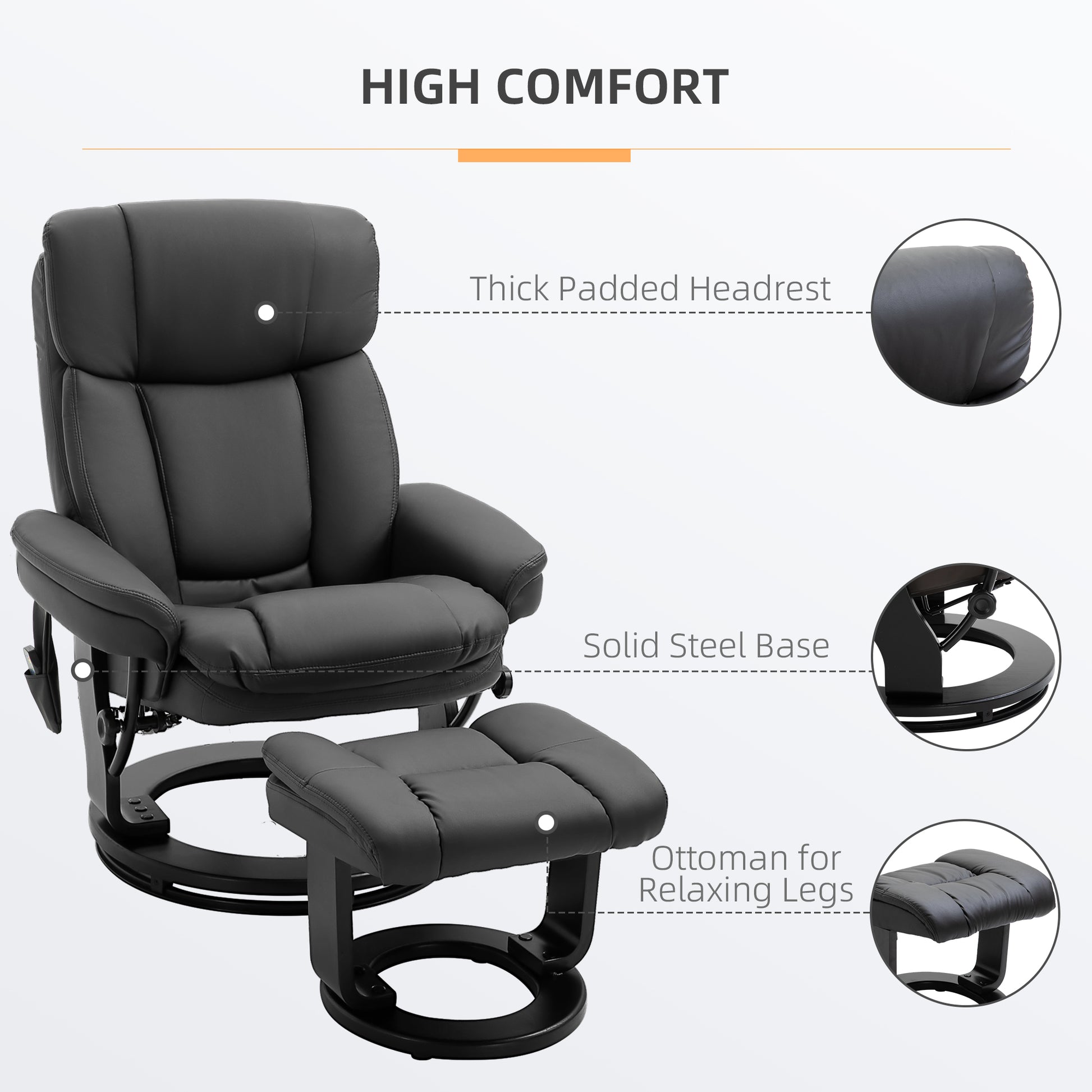 Homcom Pu Leather Massage Recliner Chair With Ottoman 10 Point Vibration Swiveling Armchair, Black Black Wood Metal