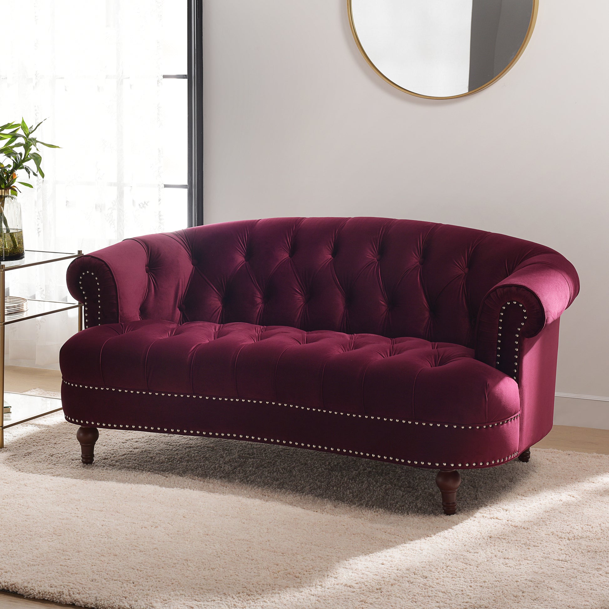 La Rosa Victorian Chesterfield Loveseat, Burdy Velvet Burgundy Foam Velvet