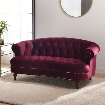 La Rosa Victorian Chesterfield Loveseat, Burdy Velvet Burgundy Foam Velvet