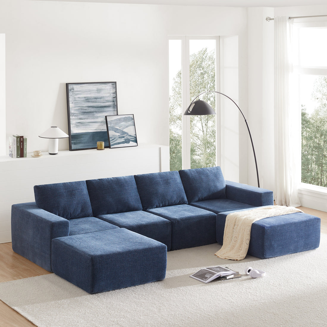 110*72" Modular U Shaped Sectional Sofa,Luxury Chenille Floor Couch Set,Upholstered Indoor Furniture,Foam Filled Sleeper Sofa Bed For Living Room,Bedroom,Free Combination,3 Colors Navy Polyester 6 Seat