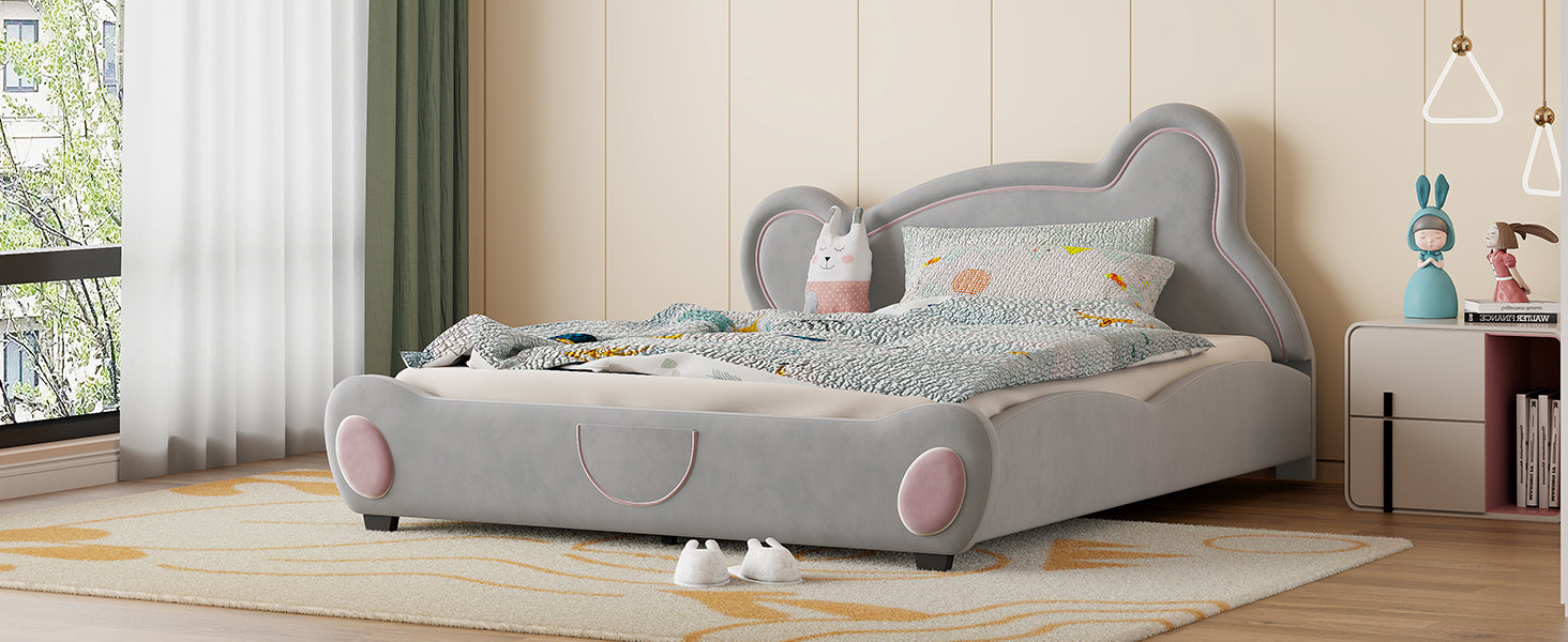 Queen Size Velvet Platform Bed With Bear Shaped Headboard, With Bed End Storage Pocket, Gray Queen Gray Plywood