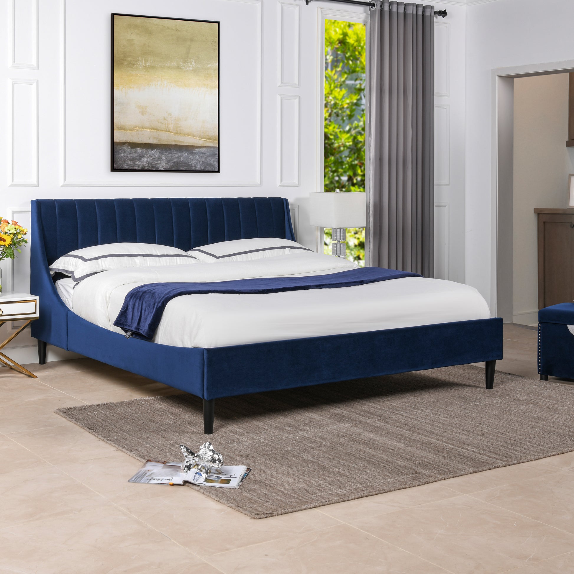 Aspen Vertical Tufted Headboard Platform Bed Set, King, Navy Blue Velvet Box Spring Not Required King Navy Blue Wood Foam Velvet Velvet
