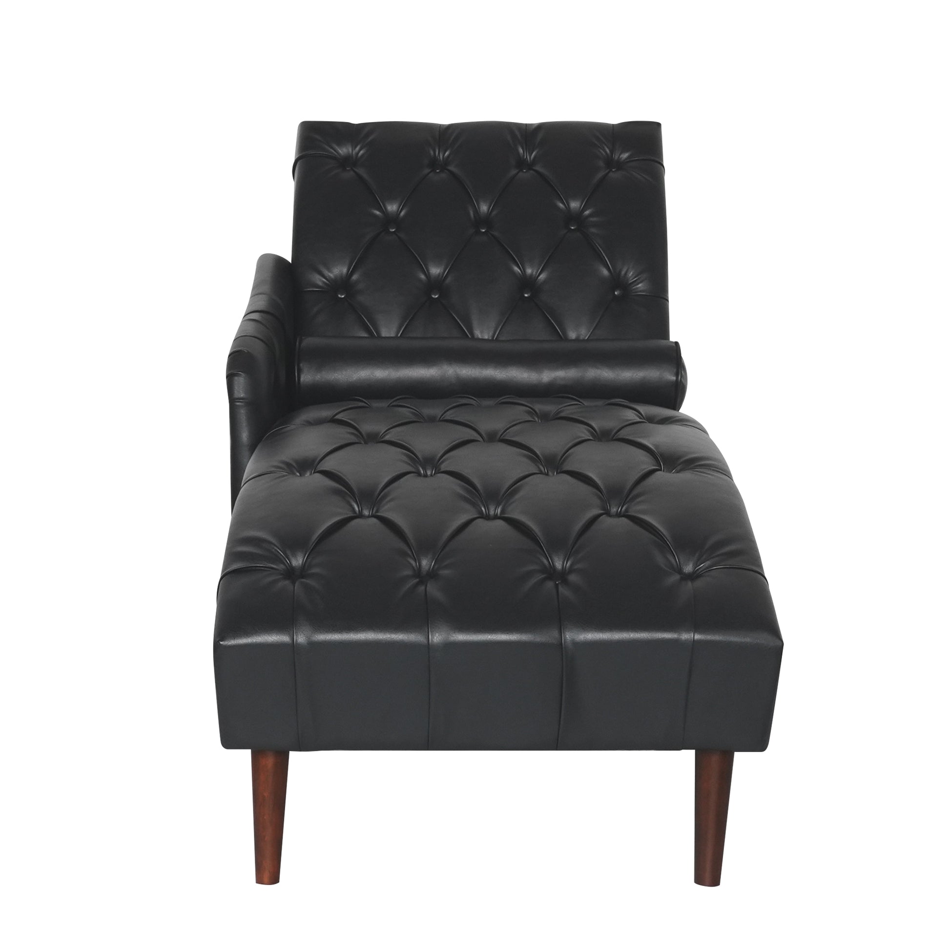 Chaise Lounge Arm Chair Indoor With Pillow And Solid Wood Legs, Leisure Accent Soft Chair With Tufted Back And Arm,Upholstered Chaise Couch Chair For Living Room, Bedroom,Black Pu Black Pu