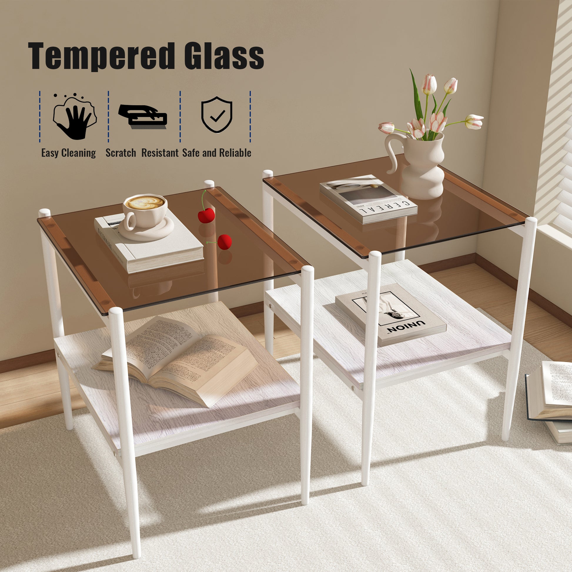 Set Of 2 Rectangle End Table, Tempered Glass Tabletop With Mdf Layer, Modern Table For Living Roombrown Glass Brown Tempered Glass