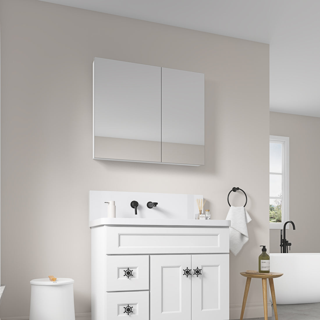 36'' W X 30'' H Surface Frameless Mirror Medicine Cabinet, Beveled Mirror Edges Bathroom Medicine Cabinet White Engineered Wood