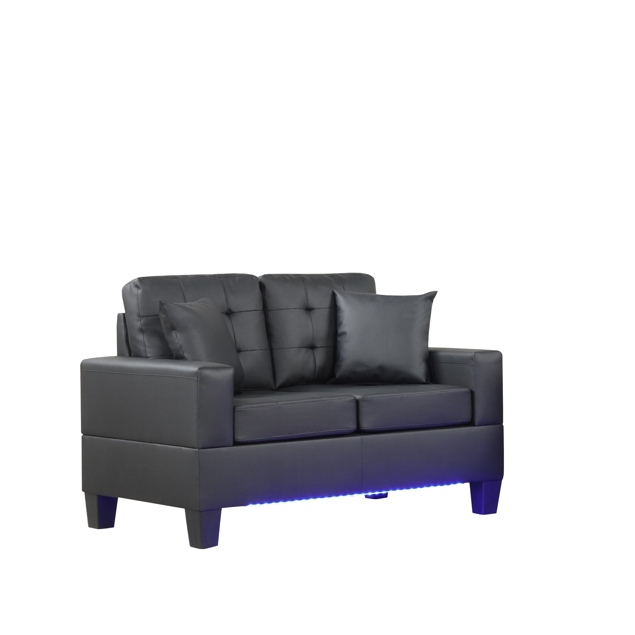 Genesis 55.5"W Black Pvc Fabric Loveseat With Led Lights, Usb Charger, Tufted Cushions Black Fabric,Pvc 2 Seat