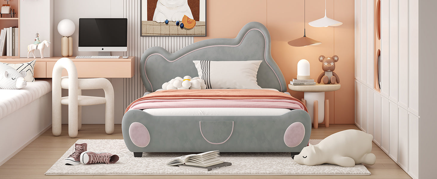 Full Size Velvet Platform Bed With Bear Shaped Headboard, With Bed End Storage Pocket, Gray Full Gray Plywood