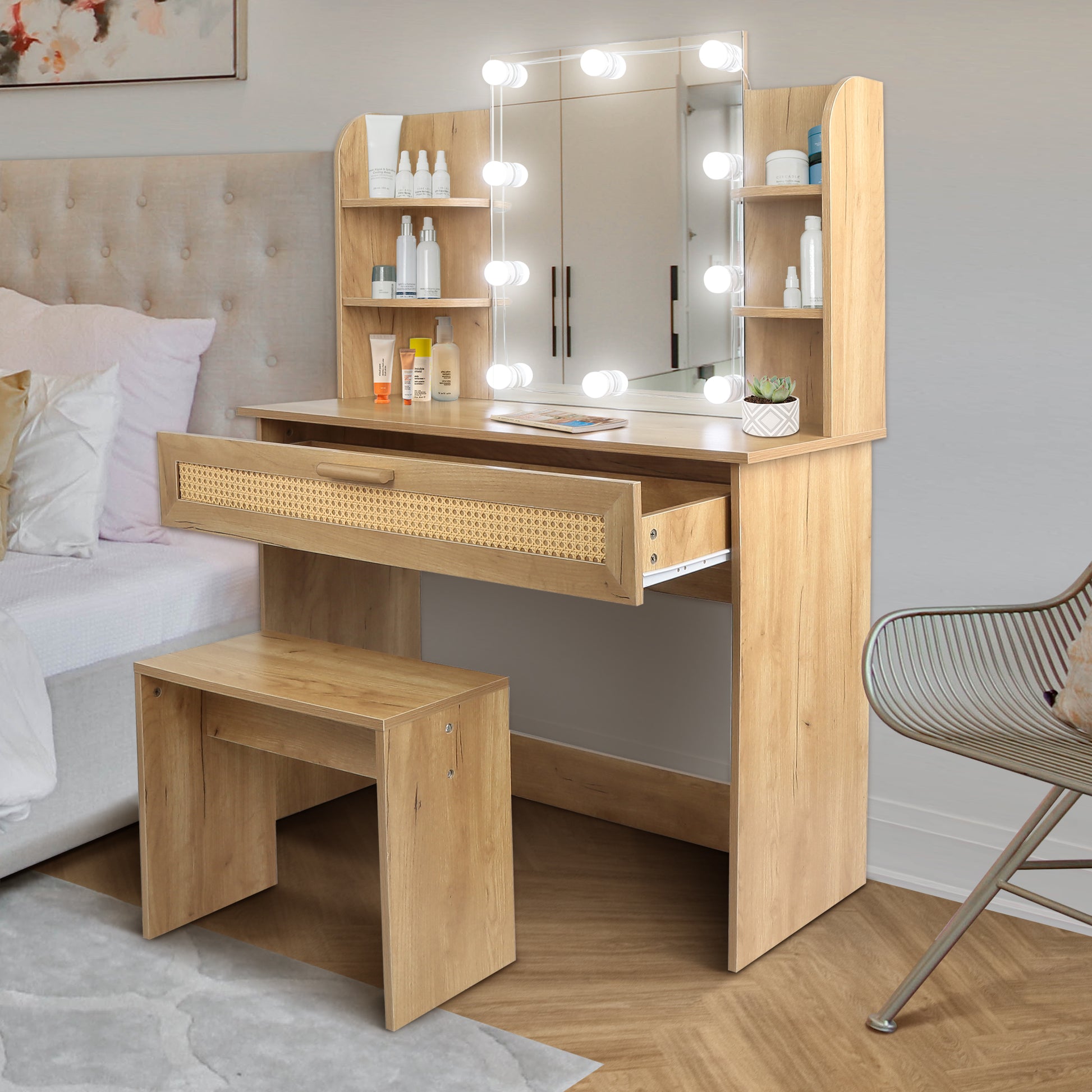 Vanity Desk Set Stool & Dressing Table With Led Lighting Mirror Drawer And Compartments Modern Wood Cosmetic Table Chest Of Drawers Nature Color Natural Wood Particle Board