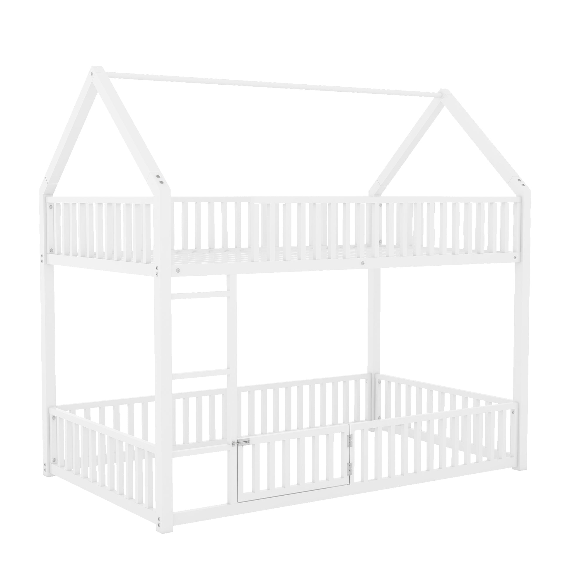 Metal Twin Over Twin House Bunk Bed With Fence And Door, White Box Spring Not Required Twin White Metal Bedroom Metal
