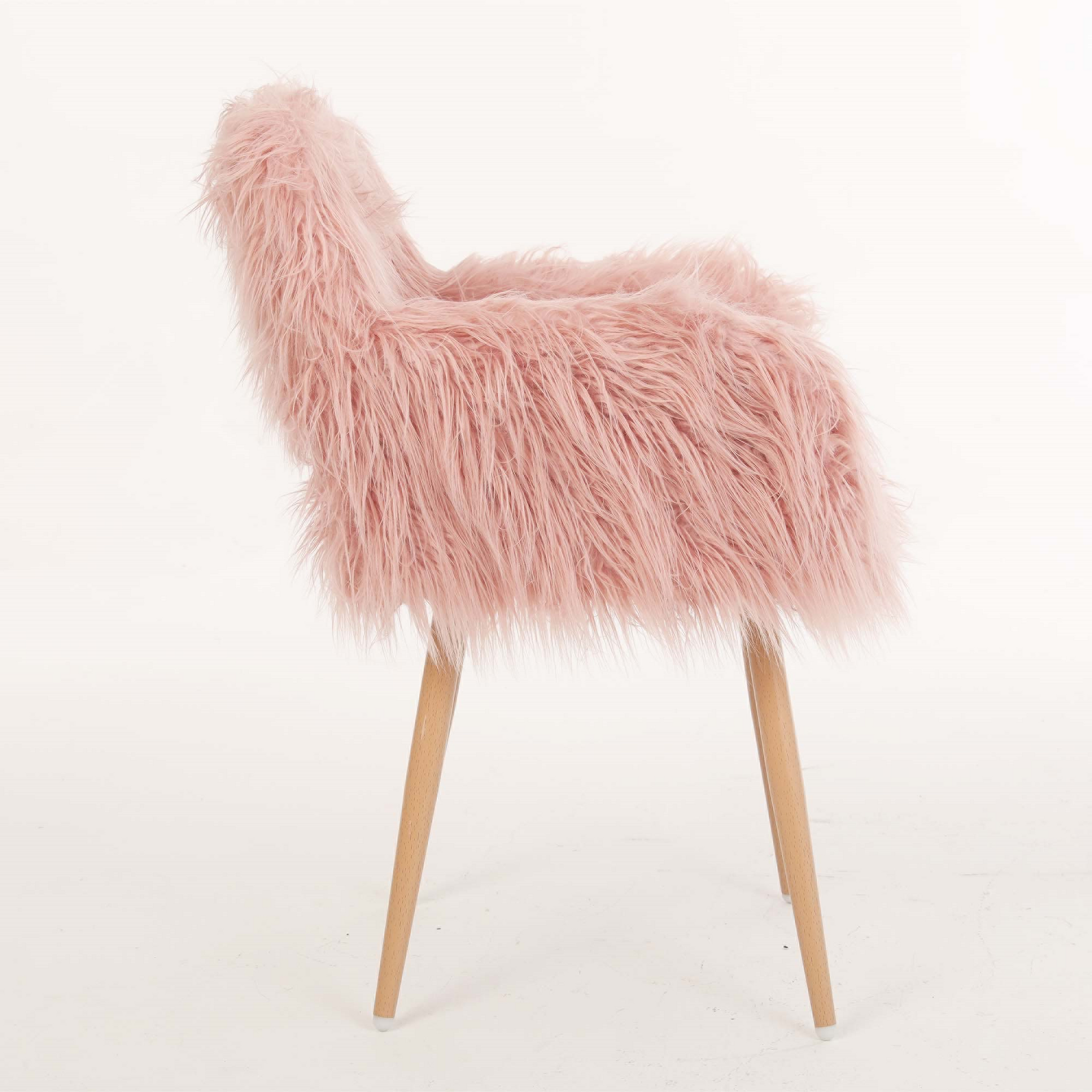 Pink Faux Fur Upholstered Make Up Chair Side Dining Chair With Metal Leg Pink Beech Metal Leg Pink Faux Fur